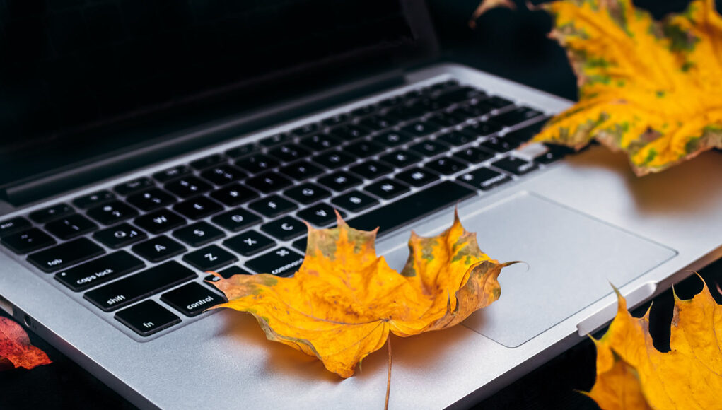 blog-setup-320-1 Colorful Autumn leaves and laptop on a black background. Top view of work space in the fall.