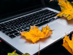 Configuring Comment Moderation Colorful Autumn leaves and laptop on a black background. Top view of work space in the fall.